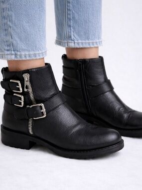 RUDSAK Black Leather Moto Boots - Triple Buckle Zip Ankle Booties - Size 39